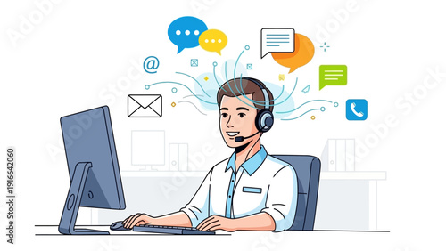 Customer Service Agent Providing Online Support with Communication Icons