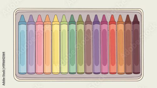 Colorful wax crayons neatly arranged in a box for drawing and coloring activities
