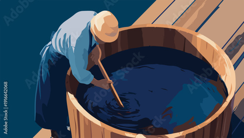 Person stirring dark liquid in a large wooden vat outdoors