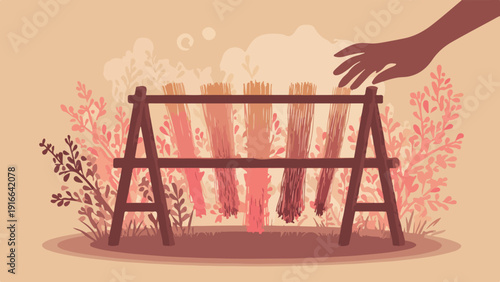 A hand reaching towards threads hanging from a wooden rack amidst soft, stylized foliage