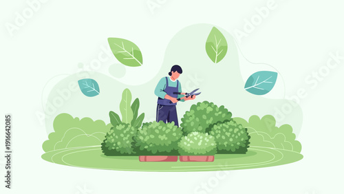 Gardener trims bushes with scissors in a park.