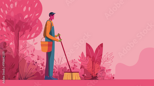 Gardener with broom and bucket tending to lush pink foliage in a stylized garden