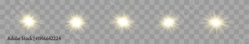 Set of realistic glowing suns with detailed light rays and warm golden aura. vector