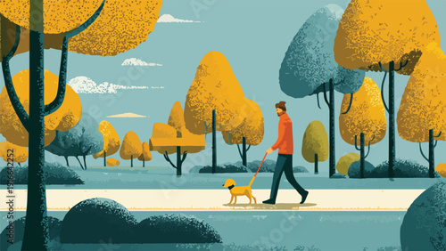 Person walking a dog on a path in a stylized park with autumn foliage