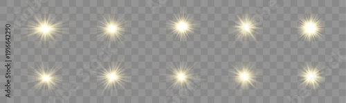 Set of realistic glowing suns with smooth circular forms and warm shining halo effect. vector
