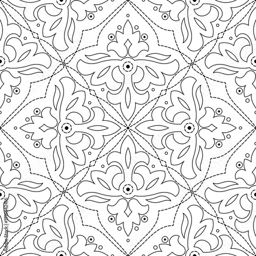 Antique floral seamless pattern. Floral monochrome ornament in classic style. Subtle design of swirls and curved lines. Minimalist graphic background. Kaleidoscope plant coloring page