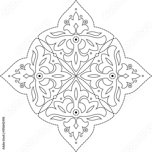 Antique square floral motif. Floral monochrome ornament in classic style. Square mandala of swirls and curved lines. Minimalist graphic design element. Kaleidoscope plant coloring page
