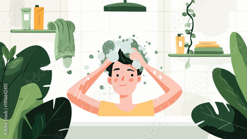 Person washing hair in shower surrounded by plants