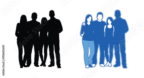 Family group in contrasting colors black and blue silhouette