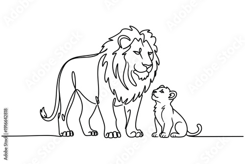 Lion and cub looking up single line drawing minimalism wildlife family bond stock illustration