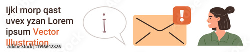 Communication alerts, email notifications, customer support, information sharing, messaging systems, modern correspondence. Envelope with an alert icon, speech bubble with i, and woman profile
