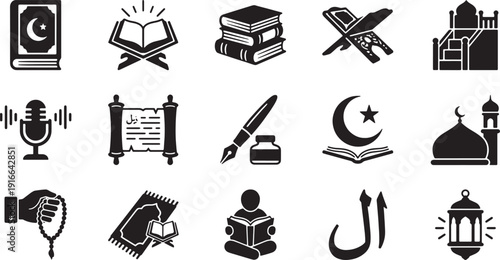 Islamic calligraphy and religious icons, including quran, mosque, prayer, and rosary beads for worship