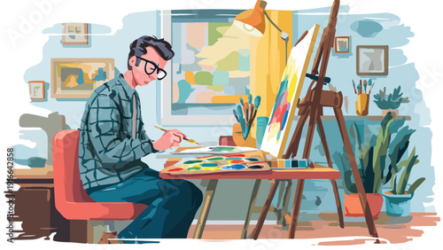 Artist in glasses paints at a table with a palette and easel in a brightly lit studio