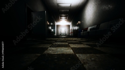 A long, dark hallway stretches ahead, featuring flickering lights and shadows. Empty chairs line the sides, enhancing the unsettling mood of this forgotten space at dusk.