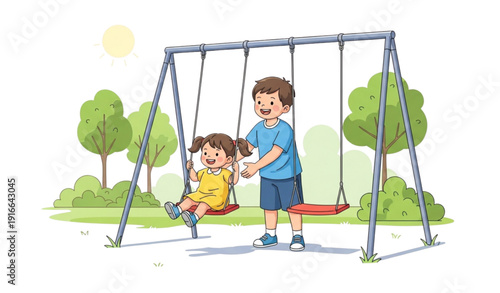 A cartoon illustration of a boy pushing a girl on a swing set in a park