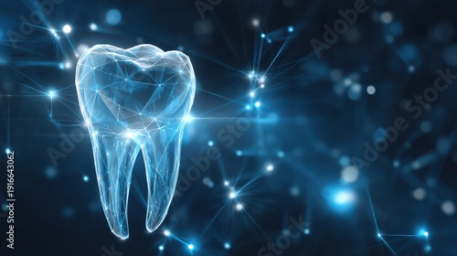 Glowing low-poly 3D tooth wireframe with connected nodes and blue digital bokeh - a futuristic dental technology and oral health concept.