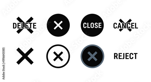 Various delete close and cancel symbols displayed in black silhouette