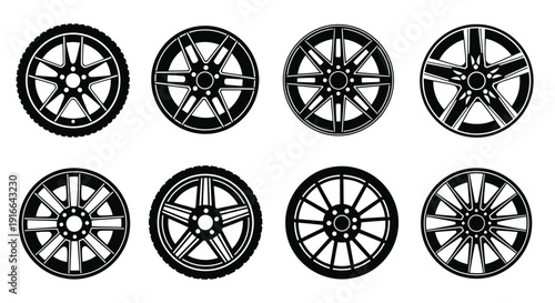 Collection of automotive wheel designs in a stark black silhouette