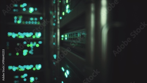 In a dark server room, colorful lights flicker and glow from rows of digital equipment. The atmosphere feels alive with the hum of technology and the pulse of data flowing through wires.