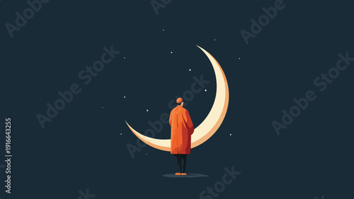 Person in orange coat stands before crescent moon against starry night sky