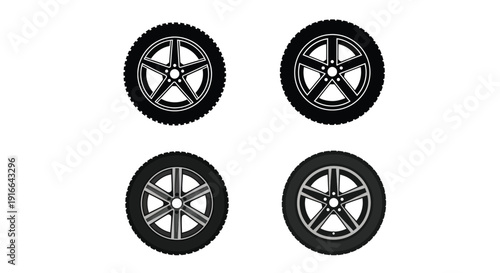 Four automotive wheels displayed in a dark graphic silhouette
