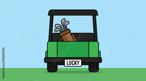 Playful cartoon golf cart with clubs on a sunny golf course – lucky day illustration