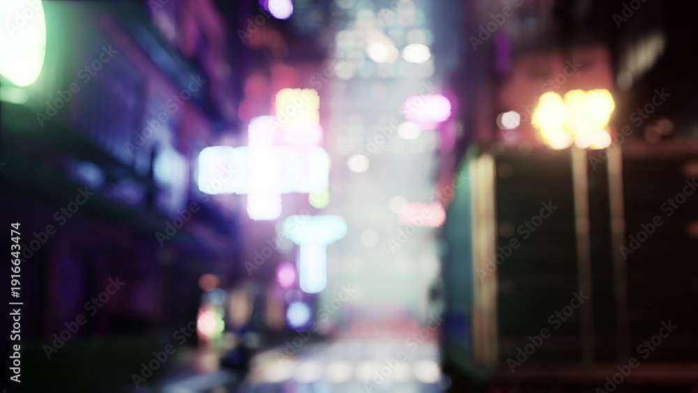 Fototapeta premium A bustling city street comes alive at night with glowing neon signs illuminating the foggy atmosphere. The blurred lights create a dreamy and energetic vibe, inviting exploration.