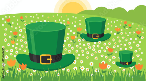 Whimsical green top hats float over a sunny meadow dotted with daisies and wildflowers