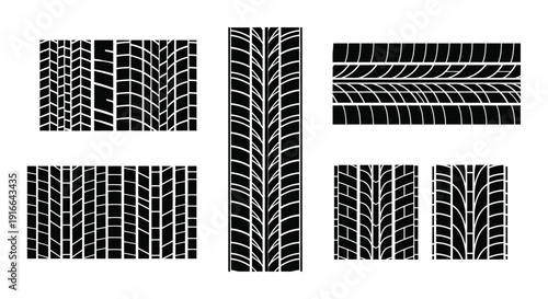 Four tire tread patterns and a partial pattern black and white silhouette