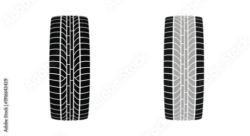 Four tire tread patterns and a partial pattern black and white silhouette