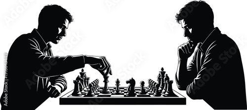 Two men playing chess in intense strategic competition, intellectual board game duel concept vector silhouette illustration design
