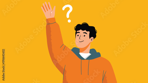 A young person in an orange hoodie raises their hand with a question mark floating above