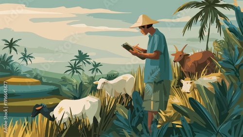 A farmer in a conical hat examines a book amidst sheep, goats, and lush tropical foliage