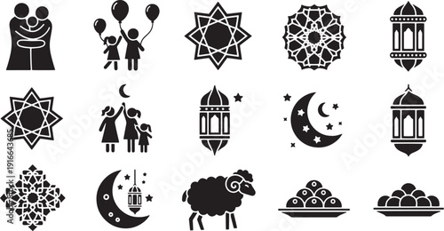 Ramadan and eid al-fitr celebration icons set including mosque, prayer, moon, star, family, and sheep