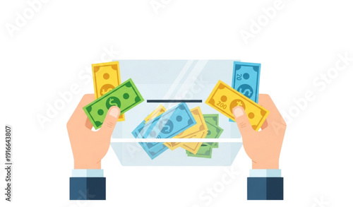 A vector graphic illustration of hands exchanging money through a transparent box