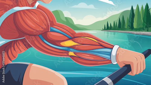Detailed human arm muscle anatomy illustration during a vigorous outdoor rowing activity