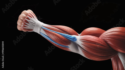 Detailed anatomical illustration of a flexed human arm showing muscles and tendons.