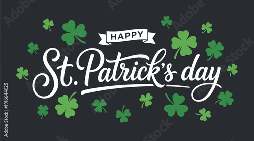 Happy St. Patrick's Day chalkboard-style banner with green shamrocks, a festive greeting suited for cards, posters, and social media posts.