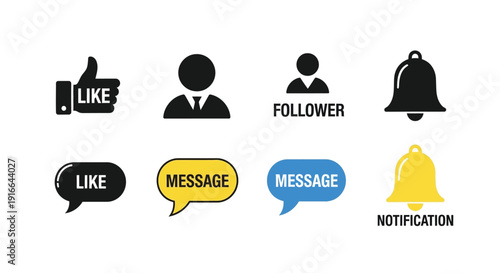 Social media icons depicting likes followers and notifications silhouette