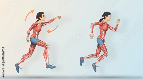 Female human anatomy illustration demonstrating running and arm swing exercise