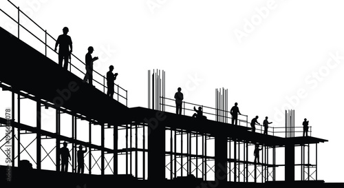 Construction workers on elevated scaffolding at building site, structural engineering and urban development vector silhouette illustration design