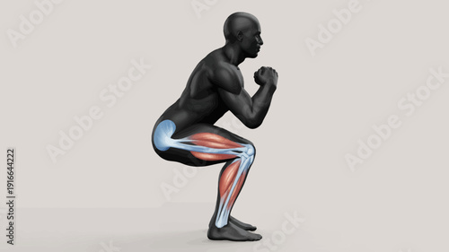 Anatomical illustration of a person performing a squat exercise with highlighted muscles