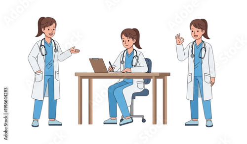A vector graphic illustration of three female doctors in different poses