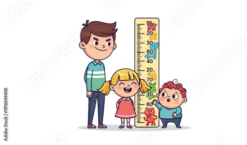 A vector illustration of three children standing next to a growth chart