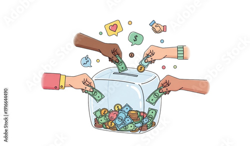 A colorful illustration of diverse hands putting money into a donation box