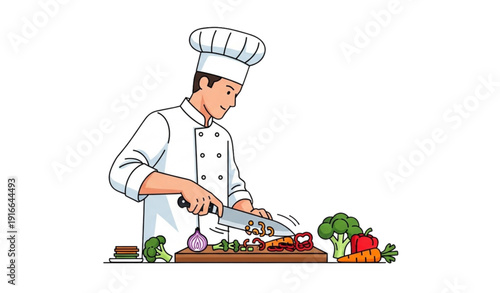 A cartoon chef cutting vegetables on a wooden board with a knife
