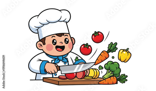 A cheerful cartoon chef chopping vegetables on a cutting board