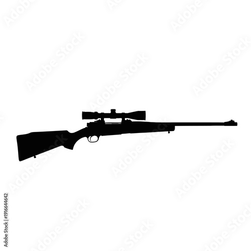 Silhouette of a rifle with a scope, isolated on white background.