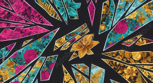 Vibrant floral mosaic pattern with colorful leaves