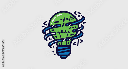 Creative light bulb with coding symbols and swirling lines.